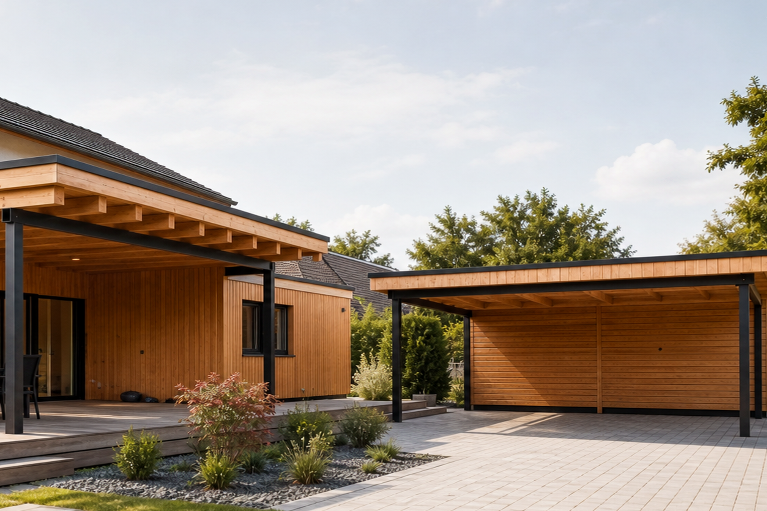 Moderner Holzbau-Anbau mit Holzfassade und Terrasse