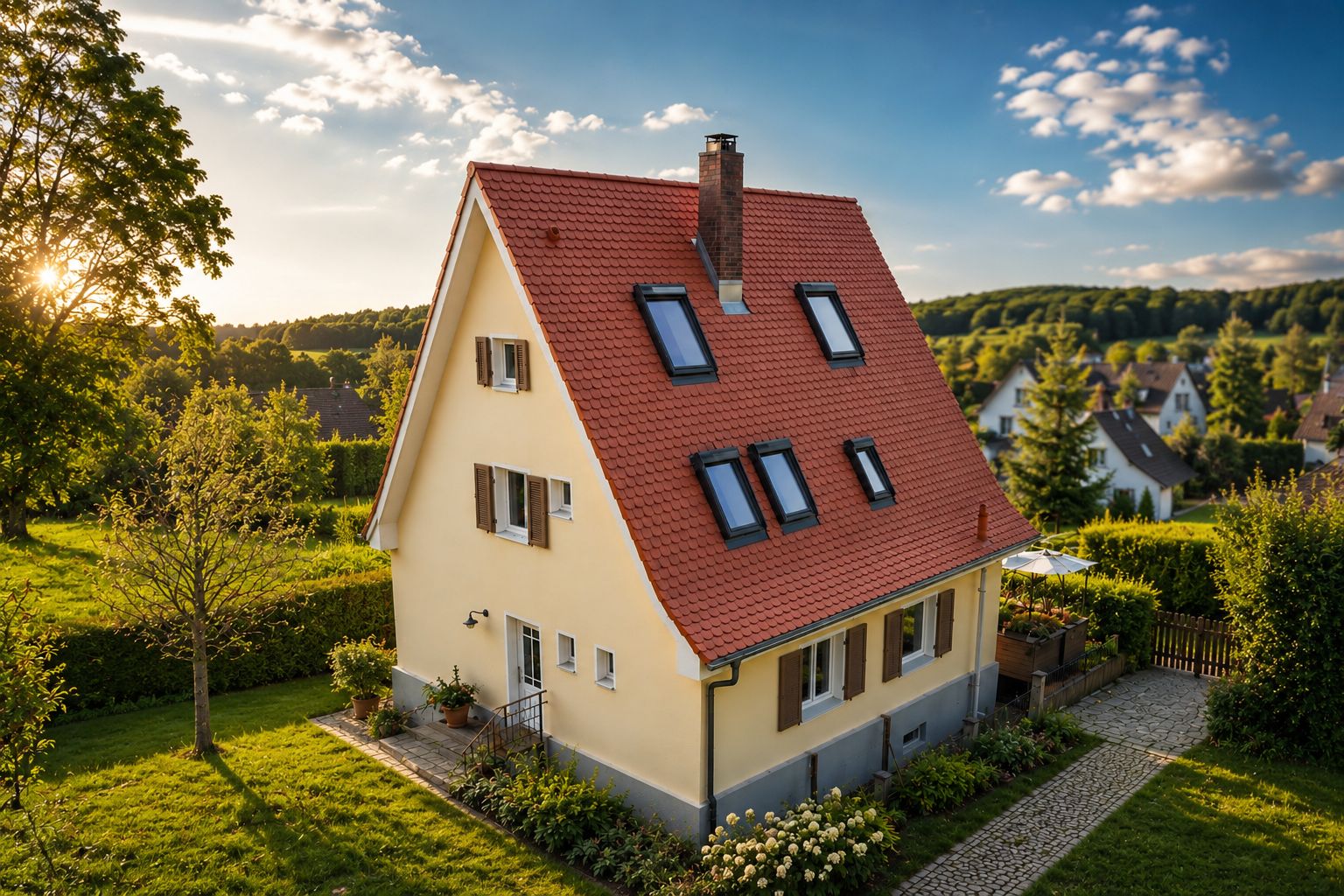 Saniertes Wohnhaus mit rotem Ziegeldach und Dachfenstern