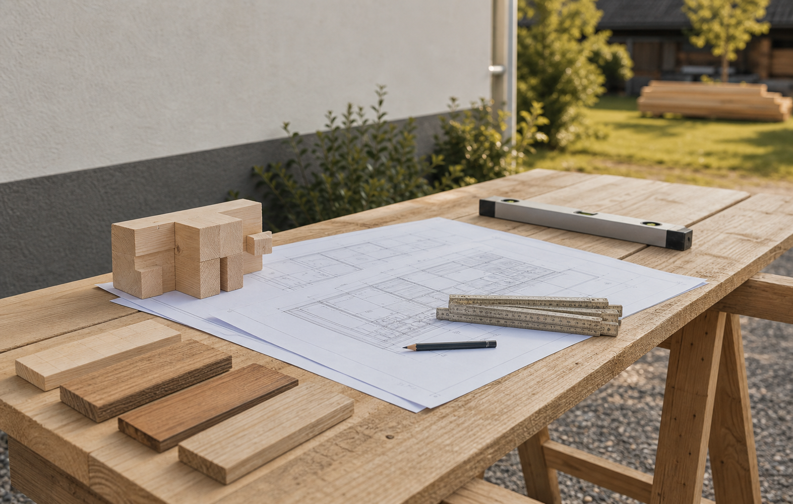 Holzbalken mit Bauplan und Maßband vor einer Holzbau-Baustelle