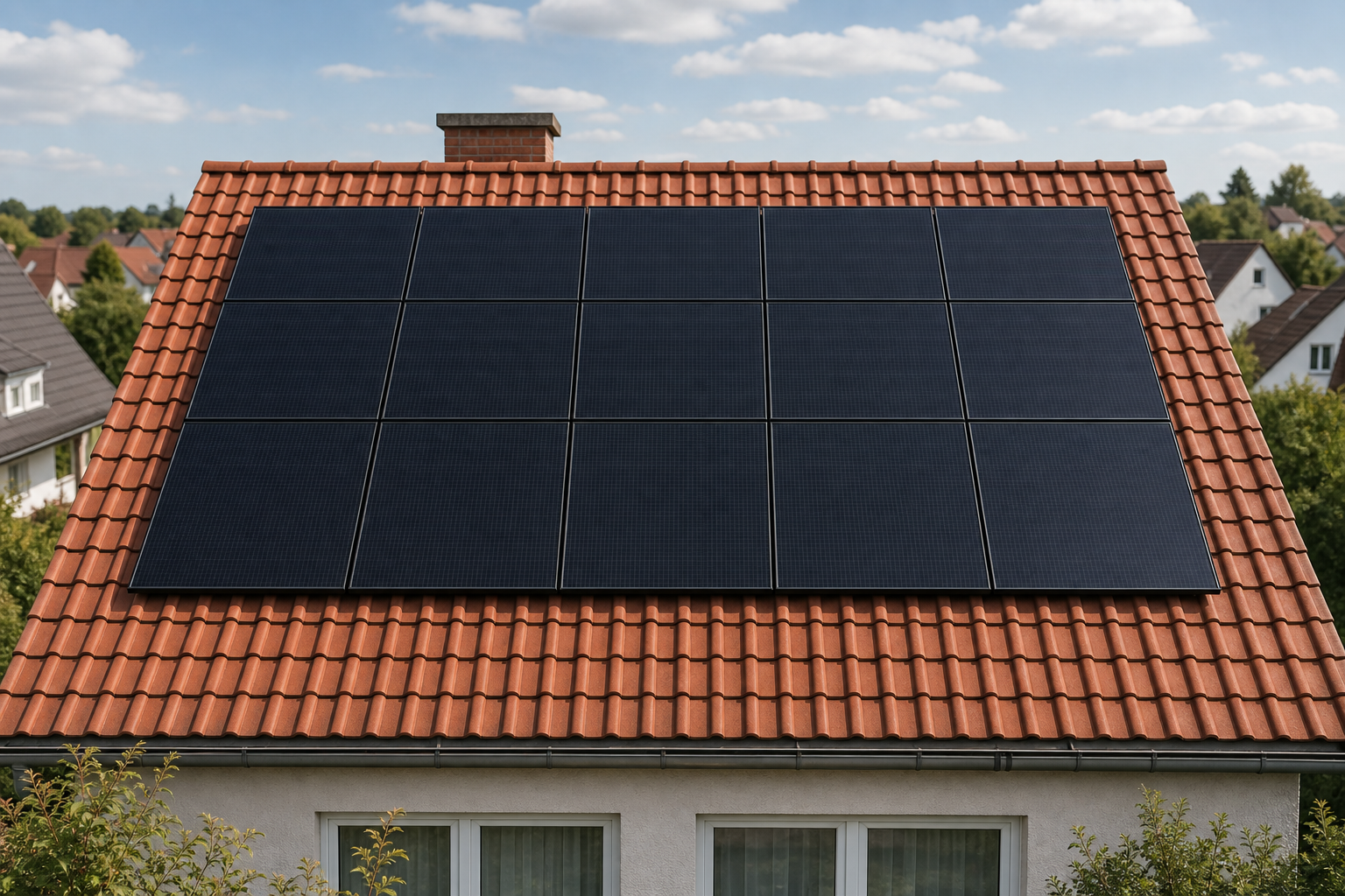 Montage von schwarzen Photovoltaikmodulen auf einem Wohnhausdach